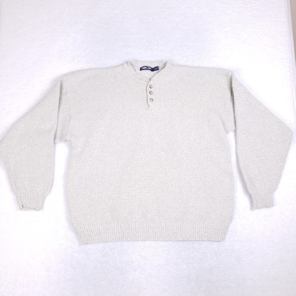 Vintage 90s Cherokee Sweater 2XL Gray Knit‎ Henley Pullover Made in USA